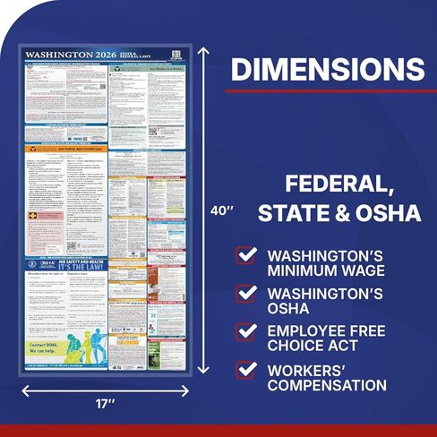 2025 ملصق ولاية واشنطن وقانون العمل الفيدرالي - OSHA يتوافق مع مكان العمل - اللوائح الإلزامية التي تنشر للموظفين - كل ما في واحد يتطلب امتثالًا نشر 16 "× 40" - مغلفة (ملصق باللغة الإنجليزية) in Kuwait