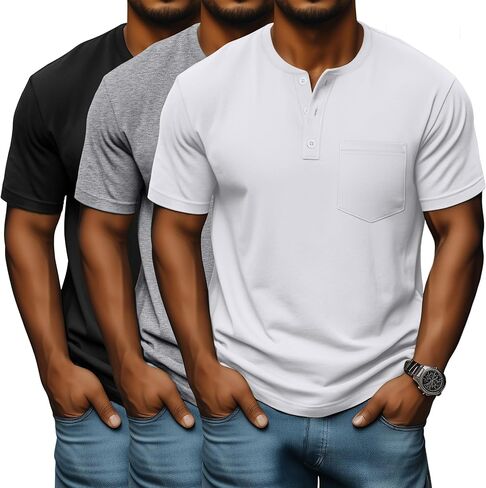 Neer 3 Pack Men's Big and Tall Henley T-Shirts, Short Sleeve Cotton Pocket Oversized Tops Casual Summer Soft Loose Basic Tees in Kuwait