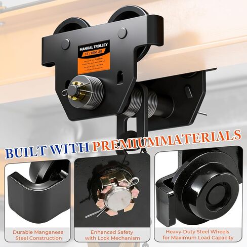 I Beam Trolley 3 Ton Manual Adjustable for I-Beam Flange Width 3.66" - 8.46", Overhead Push Beam Trolley Heavy Duty Dual Side Wheels, for Garage Hoist for Straight Curved I Beam in Kuwait