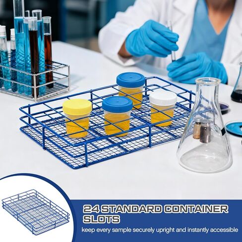 Urine Sample Collection Storage Rack 24 Slots Stainless Steel Wire Mesh Basket with Powder Coated Support Base Specimen Cups Holder Organizer for Laboratory, Medical and Industrial in Kuwait