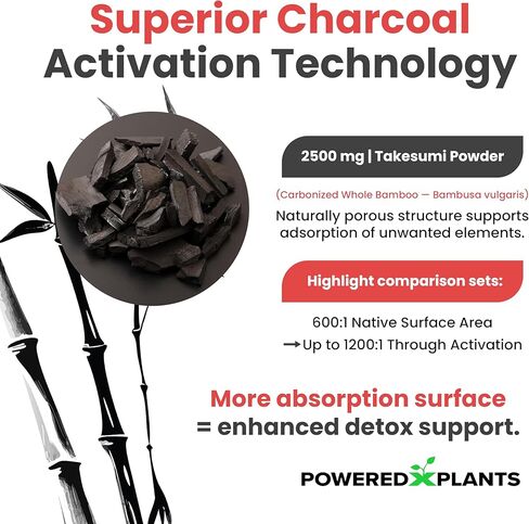 Takesumi Activated Charcoal Capsules 2500MG - Pure Activated Charcoal Supplement from Bamboo for Max Absorption, Detox & Gut Nutrition - 120 Vegetarian Capsules by Powered X Plants in Kuwait