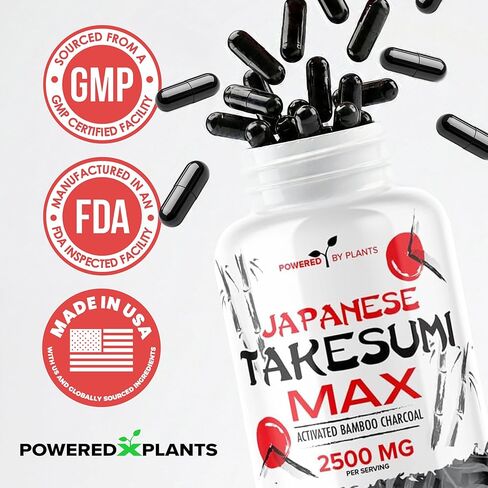 Takesumi Activated Charcoal Capsules 2500MG - Pure Activated Charcoal Supplement from Bamboo for Max Absorption, Detox & Gut Nutrition - 120 Vegetarian Capsules by Powered X Plants in Kuwait