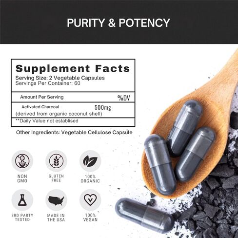 Coconut Based Activated Charcoal 500 mg, 60 Veg.Capsules, in Kuwait