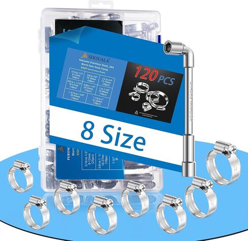 120 قطعة 5/16 بوصة إلى 2 بوصة (8 مم - 50 مم) مجموعة مشابك خرطوم شديدة التحمل، مشبك خرطوم محرك ترس دودي من الفولاذ المقاوم للصدأ SEKSUALA 304، مشبك أنابيب خط الوقود المعدني للسباكة والسيارات والتطبيقات الميكانيكية in Kuwait