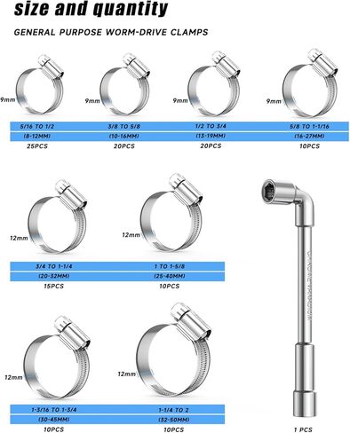 120 قطعة 5/16 بوصة إلى 2 بوصة (8 مم - 50 مم) مجموعة مشابك خرطوم شديدة التحمل، مشبك خرطوم محرك ترس دودي من الفولاذ المقاوم للصدأ SEKSUALA 304، مشبك أنابيب خط الوقود المعدني للسباكة والسيارات والتطبيقات الميكانيكية in Kuwait