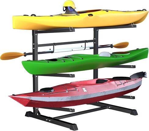 Outdoor Freestanding Kayak Rack, Heavy Duty Kayak Stand for 3 Kayaks, Canoe, Surfboard, Paddle Board Storage, Hold up to 600lbs, Black in Kuwait