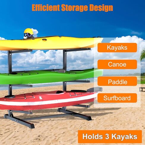 Outdoor Freestanding Kayak Rack, Heavy Duty Kayak Stand for 3 Kayaks, Canoe, Surfboard, Paddle Board Storage, Hold up to 600lbs, Black in Kuwait