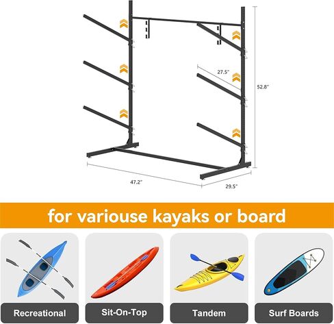 Kayak Storage Rack, Freestanding Kayak Racks for Garage, 3-Tier Adjustable Indoor Outdoor Stand for Kayaks, Canoes, Surfboard & Paddleboard, Black in Saudi Arabia