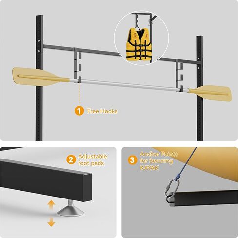 Kayak Storage Rack, Freestanding Kayak Racks for Garage, 3-Tier Adjustable Indoor Outdoor Stand for Kayaks, Canoes, Surfboard & Paddleboard, Black in Saudi Arabia