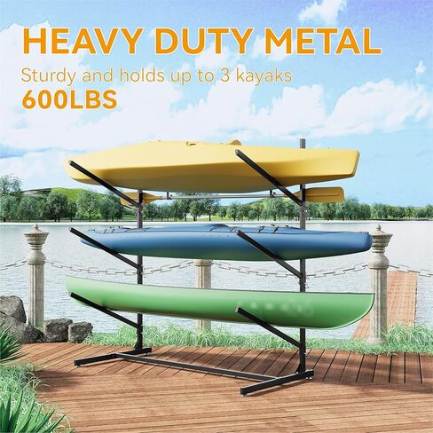 Kayak Storage Rack, Freestanding Kayak Racks for Garage, 3-Tier Adjustable Indoor Outdoor Stand for Kayaks, Canoes, Surfboard & Paddleboard, Black in Saudi Arabia