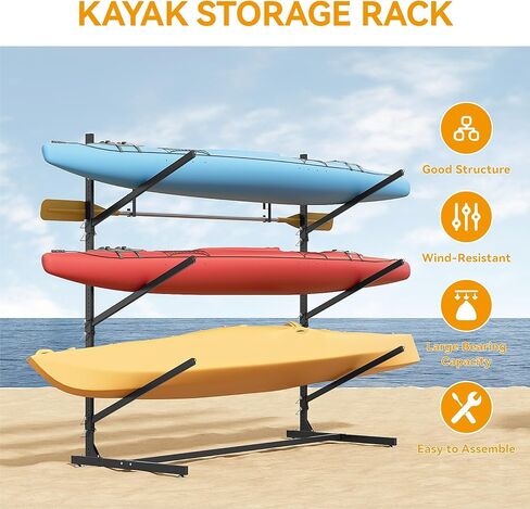 Kayak Storage Rack, Freestanding Kayak Racks for Garage, 3-Tier Adjustable Indoor Outdoor Stand for Kayaks, Canoes, Surfboard & Paddleboard, Black in Saudi Arabia