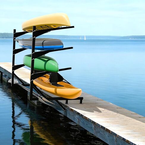 رف تخزين قاعدة قوارب الكاياك عالي التحمل من LAJIAOZ، حامل كاياك مثبت على الماء بأربعة طبقات للرصيف والرصيف، مقاوم للصدأ، يحمل 4 قوارب كاياك يصل وزنها إلى 400 رطل، تخزين بجانب الماء موفر للمساحة in Kuwait