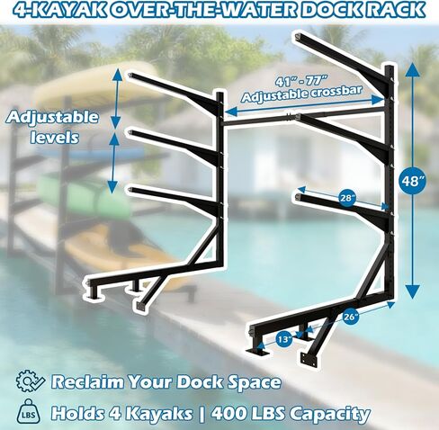 رف تخزين قاعدة قوارب الكاياك عالي التحمل من LAJIAOZ، حامل كاياك مثبت على الماء بأربعة طبقات للرصيف والرصيف، مقاوم للصدأ، يحمل 4 قوارب كاياك يصل وزنها إلى 400 رطل، تخزين بجانب الماء موفر للمساحة in Kuwait