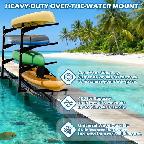 رف تخزين قاعدة قوارب الكاياك عالي التحمل من LAJIAOZ، حامل كاياك مثبت على الماء بأربعة طبقات للرصيف والرصيف، مقاوم للصدأ، يحمل 4 قوارب كاياك يصل وزنها إلى 400 رطل، تخزين بجانب الماء موفر للمساحة in Kuwait