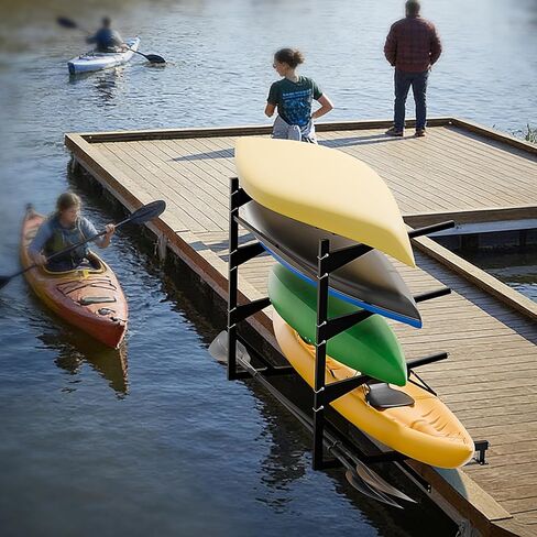 رف تخزين قاعدة قوارب الكاياك عالي التحمل من LAJIAOZ، حامل كاياك مثبت على الماء بأربعة طبقات للرصيف والرصيف، مقاوم للصدأ، يحمل 4 قوارب كاياك يصل وزنها إلى 400 رطل، تخزين بجانب الماء موفر للمساحة in Kuwait