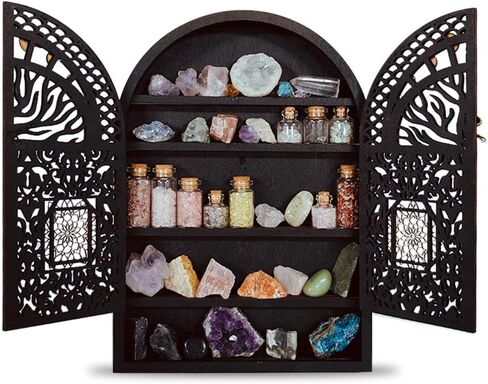 Large Crystal Display Shelf for Wall, Crescent Moon Phase Shelf Wall Decor, Wooden Arch Shelf, Tree of Life Crystal Holder Organizer, Cabinet for Gem Stone Rock, Spiritual Home Room Decor in Kuwait