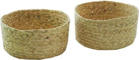 سلتان من سلات التخزين المستديرة المنسوجة من الصفير، سلال صغيرة مصنوعة يدويًا من الخيزران الطبيعي للمطبخ وغرفة المعيشة وتنظيم المنزل (صغيرة - قطعتان) in Kuwait