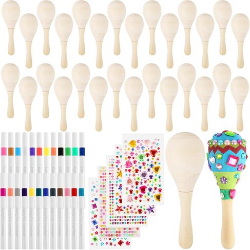 30 Pcs DIY Wooden Maracas Mini Wood Maracas Unfinished Maracas Bulk with 24 Markers 5 Stickers for Mexican Party Favors Cinco De Mayo Party Supplies in Saudi Arabia
