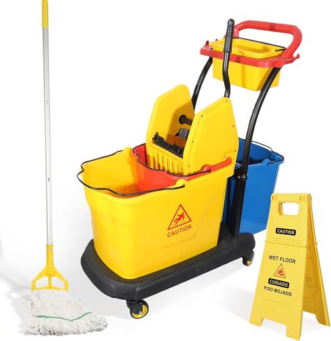 عربة تنظيف تجارية على عجلات، دلو ممسحة مستطيل لتنظيف الأرضيات مع مجموعة عصارة ضغط قوية للأسفل، 38 لتر، أصفر، أضف ممسحة شديدة التحمل وعلامة تحذير للأرضيات المبللة (24 بوصة) in Kuwait