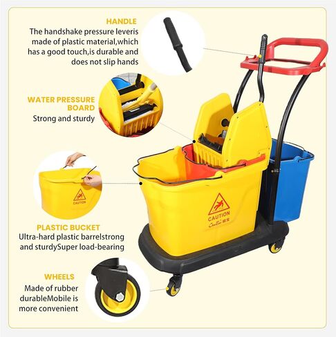 عربة تنظيف تجارية على عجلات، دلو ممسحة مستطيل لتنظيف الأرضيات مع مجموعة عصارة ضغط قوية للأسفل، 38 لتر، أصفر، أضف ممسحة شديدة التحمل وعلامة تحذير للأرضيات المبللة (24 بوصة) in Kuwait