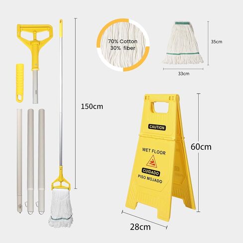 عربة تنظيف تجارية على عجلات، دلو ممسحة مستطيل لتنظيف الأرضيات مع مجموعة عصارة ضغط قوية للأسفل، 38 لتر، أصفر، أضف ممسحة شديدة التحمل وعلامة تحذير للأرضيات المبللة (24 بوصة) in Kuwait