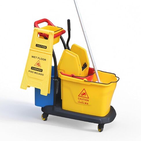 عربة تنظيف تجارية على عجلات، دلو ممسحة مستطيل لتنظيف الأرضيات مع مجموعة عصارة ضغط قوية للأسفل، 38 لتر، أصفر، أضف ممسحة شديدة التحمل وعلامة تحذير للأرضيات المبللة (24 بوصة) in Kuwait