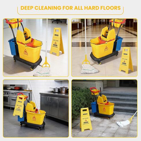 عربة تنظيف تجارية على عجلات، دلو ممسحة مستطيل لتنظيف الأرضيات مع مجموعة عصارة ضغط قوية للأسفل، 38 لتر، أصفر، أضف ممسحة شديدة التحمل وعلامة تحذير للأرضيات المبللة (24 بوصة) in Kuwait