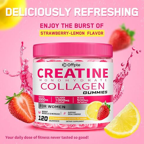 Creatine for Women, 5000mg Creatina Monohidratada Gummies with Collagen & BCAAs for Muscle Recovery, Energy & Skin, Chewable Post-Workout Supplement, Sugar-Free, No Bloating, 4 Gummies Per Day in Saudi Arabia