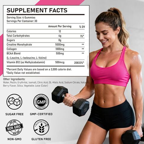 Creatine for Women, 5000mg Creatina Monohidratada Gummies with Collagen & BCAAs for Muscle Recovery, Energy & Skin, Chewable Post-Workout Supplement, Sugar-Free, No Bloating, 4 Gummies Per Day in Saudi Arabia