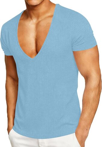 Mens Casual Deep V-Neck T-Shirts Waffle Knit Short Sleeve Tops Spring Summer Casual Waffle Pullover Tees in Saudi Arabia