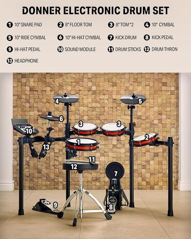 Donner Electronic Drum Set with Bluetooth, Electric Drum Kit with Throne, Headphones, Drumsticks, Melodics Lessons, 450 Sounds E Drum with USB MIDI, 5 Pads and 3 Cymbals Digital Drum, DED-200(2026) in Saudi Arabia
