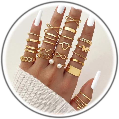 22pcs حلقات مفصلية ذهبية للنساء ، بوهو ، بوهو القابل للتكديس ، إصبع الدقم حلقة حزمة بسيطة لطيف لؤلؤة خواتم قلب قابلة للتعديل عبارة عن مجوهرات مختلطة الحجم in Kuwait