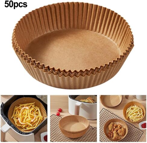 Air Fryer Disposable Oil-Proof Oil-Absorbing Silicone Paper for Baking Grilling Steaming, 50-Pack Brown Round Pan Pads, Heat-Resistant Tear-Resistant Kitchen in Kuwait