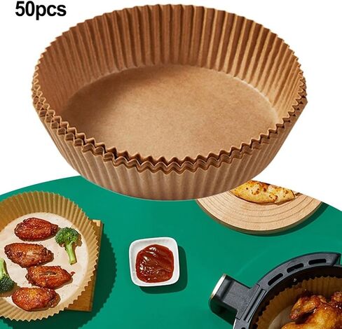 Air Fryer Disposable Oil-Proof Oil-Absorbing Silicone Paper for Baking Grilling Steaming, 50-Pack Brown Round Pan Pads, Heat-Resistant Tear-Resistant Kitchen in Kuwait