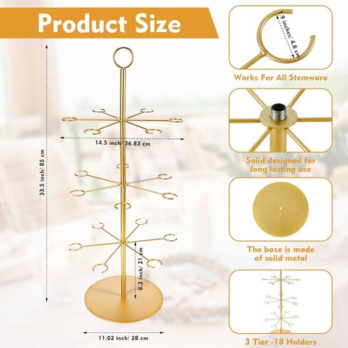 Cocktail Tree Stand for Drinks Champagne Tower for Parties, 3 Tiers 18 Holders Party Bar Wedding Metal Wine Glass Display Holder for Martinis Margarita Gin Wine Bridal Cups(Gold) in Saudi Arabia