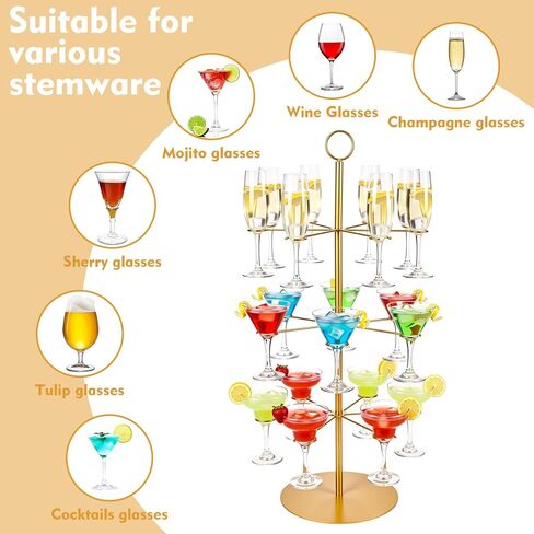Cocktail Tree Stand for Drinks Champagne Tower for Parties, 3 Tiers 18 Holders Party Bar Wedding Metal Wine Glass Display Holder for Martinis Margarita Gin Wine Bridal Cups(Gold) in Saudi Arabia