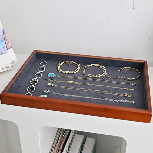 Elegant Wood Flat Jewelry Tray - Stackable Jewelry Drawer Organizer & Showcase Holder, White and Brown in Kuwait