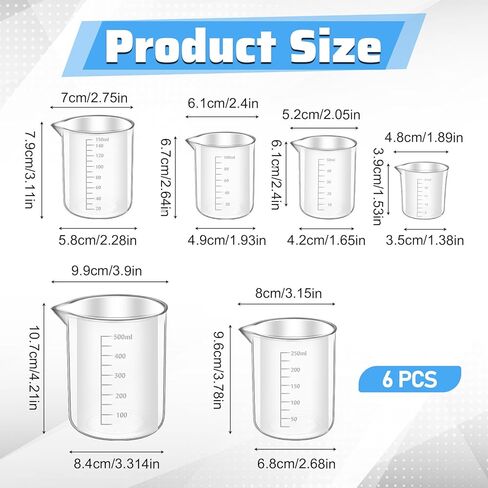 6 Pcs Plastic Graduated Beaker, 6 Sizes Transparent PP Measuring Cup Mixing Cup Lab Measuring Cups in 500ml/250ml/150ml/100ml/50 ml, 25 ml Capacity for Kitchen Lab Science Experiments in Saudi Arabia