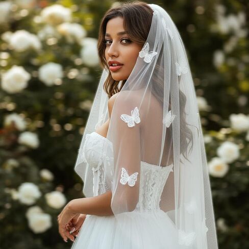 Unsutuo 1 Tier Bride Wedding Veil Fingertip Tulle Veil Butterfly Bridal Veil with Headpiece for Women and Girls in Kuwait