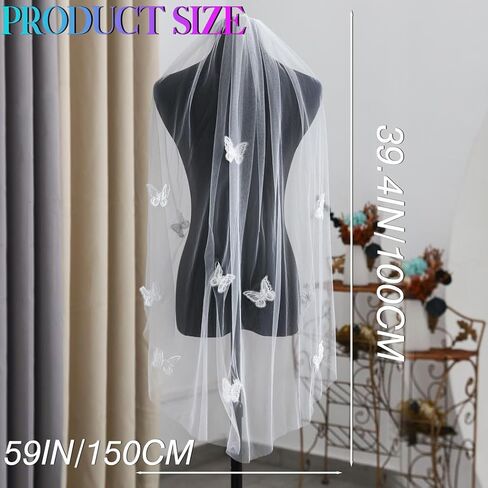 Unsutuo 1 Tier Bride Wedding Veil Fingertip Tulle Veil Butterfly Bridal Veil with Headpiece for Women and Girls in Kuwait