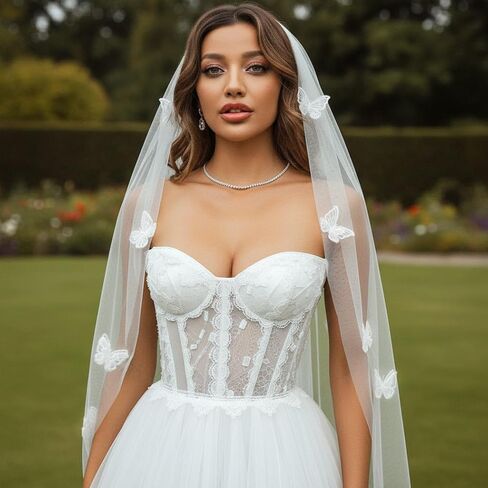 Unsutuo 1 Tier Bride Wedding Veil Fingertip Tulle Veil Butterfly Bridal Veil with Headpiece for Women and Girls in Kuwait