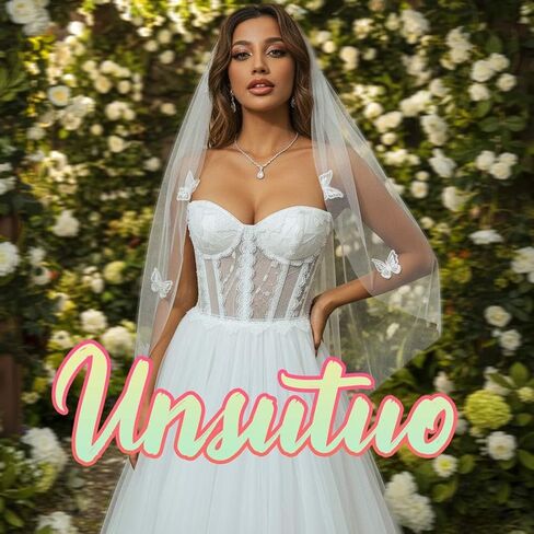 Unsutuo 1 Tier Bride Wedding Veil Fingertip Tulle Veil Butterfly Bridal Veil with Headpiece for Women and Girls in Kuwait