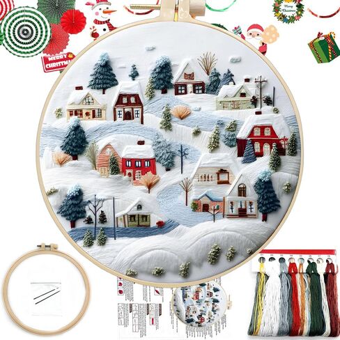 FONNUY Crewel Christmas Embroidery Kit for Beginners, Cross Stitch Set Winter Snow Scene Pine Owl Pattern for Adults, Easy to Follow Color Thread Needlework, 8'' Hoop (Snow Village) in Kuwait
