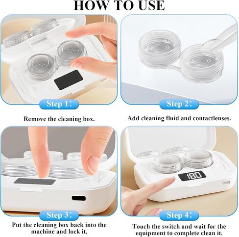 آلة تنظيف العدسات اللاصقة، منظف العدسات اللاصقة بالموجات فوق الصوتية المحمول مع 4 أوضاع توقيت، التطهير بالضوء الأزرق، اهتزاز عالي التردد 360 درجة لتنظيف العدسات الناعمة، العدسات اللاصقة الملونة in Kuwait