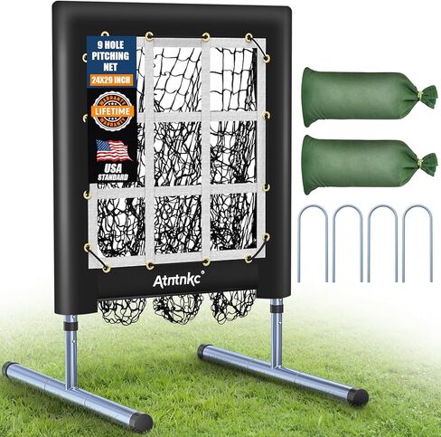 9 Hole Pitching Net with Strike Zone, Heavy-Duty Baseball & Softball Training Equipment for Pitching and Hitting, 5 Height Adjustable 9 Pocket Target, Portable Practice Equipment for All Ages in Saudi Arabia
