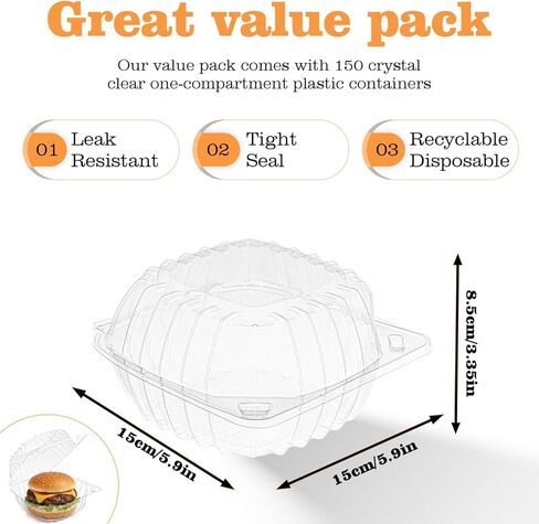 150 Pack Clear Thickening Plastic Hinged Take Out Containers Disposable Clamshell Food Cake Containers with Lids 5.9 x 5.9 x 3.3 inch for Dessert, Cakes, Salads, Pasta, Sandwiches in Saudi Arabia