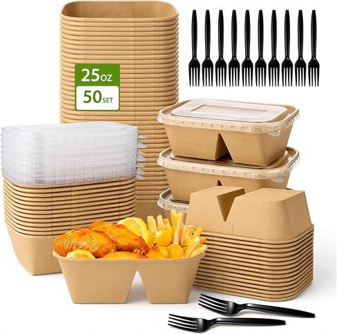 DI QIU REN 50-Pack 25oz Disposable Kraft Paper Bowls 2-Compartment【with Lids and Forks】, Large Food Meal Prep Containers To Go Containers, Microwave Safe for Hot/Cold Food (50, Kraft paper, 25oz) in Kuwait
