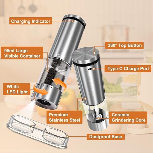 Electric Salt and Pepper Grinder Set Rechargeable, Automatic Salt and Pepper Shakers Mills External Adjustable Coarseness, Kitchen Gadgets, Stocking Stuffers Christmas Cooking Gifts for Men Women in Saudi Arabia