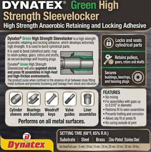 زجاجة Dynatex Green عالية القوة ذات الأكمام 0.80 أونصة - لاهوائية، فتل، احتفاظ عالي القوة، أقفال الأجزاء الأسطوانية (عبوتان) in Saudi Arabia