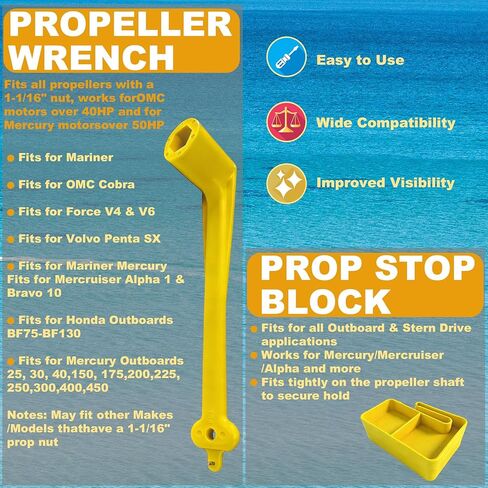 Floating Marine Boat Prop 1-1/16" Polymer Propeller Wrench & Prop Stop Propeller Stop Fit Mercury/Mercruiser/OMC,for All Outboard & Stern Drive Applications,Light-Weight, Rustproof Plastic,Yellow in Kuwait